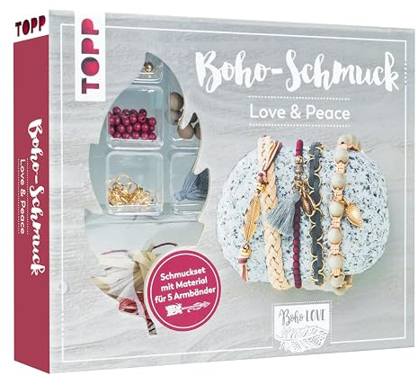 Boho-Schmuckset Love & Peace (Dunkelrot/Grau): Anleitung und Material für 5 Armbänder im Boho Look zum Selbermachen. Bänder, Biegeringe, Perlen und Anhänger. Nickelfrei