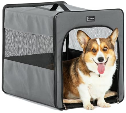 Petsfit Hundebox faltbar, mit 3 cm dicken Plüschmatte, Tragbare Transportbox Hund für mittlere Hunde, geeignet für die Reise,Grau,M 61x46x53.5cm