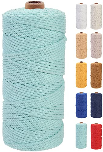 GOHOF Macrame Cord 3mm x 100m Premium Cotton Macrame Rope, 4 Strand Twisted Soft Cotton Cord, One of The Most Perfect Materials for Macrame Art, Cotton String Without Chemicals (Cyan)