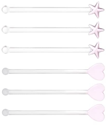 Angoily 6pcs Glass Stirring Rod Heart Star Head Cocktail Swizzle Stirrer Sticks Beverage Coffee Drink Stirrers Stir Sticks for Bar Party Home Office