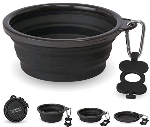 Bonza Large Collapsible Dog Bowl 1000 mL, Sturdy Reinforced Rim, Includes Carabiner & Water Bottle Holder Keychain, Black