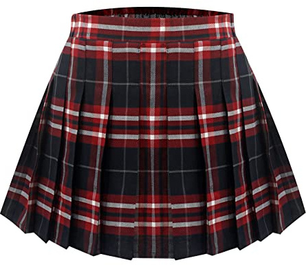 Happy Cherry Gonna corta a pieghe da ragazza a quadri, a vita elasticizzata, con linea ad A, gonna da donna piegata, con pantaloni, Plaid rosso, 170-176 cm