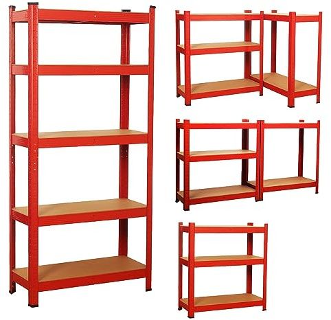 COZYBRITE Garage Shelving Units 5 Tier Heavy Duty Shed Storage Racking Shelf Metal Boltless 875kg Capacity 175kg Per Shelf for Warehouse Workshop Office (Red, 70x30x150cm)