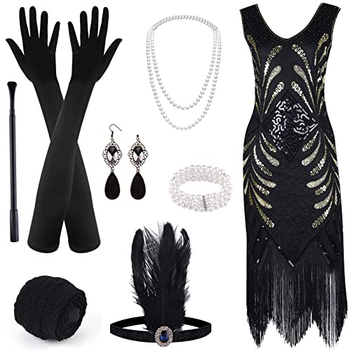 ELECLAND Robe Années 1920 à Col en V à Paillettes et à Franges avec Ensemble d'Accessoires Années 20 (Black, Large)
