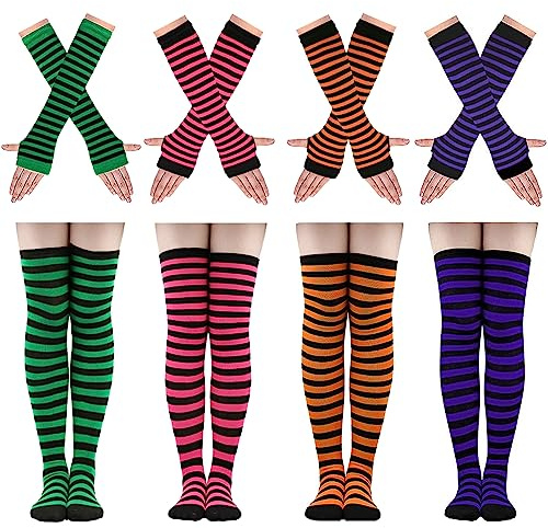 Ibeauti 8 Pcs Womens Striped Knee High Socks Stockings Y2K Goth Knitted Long Arm Warmer Fingerless Gloves Set (4-Green/Hot Pink/Orange/Purple)