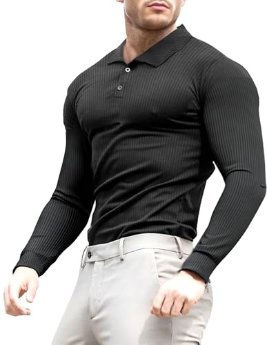 Lehmanlin Men's Muscle Polo Shirts Long Sleeve Casual T- Shirts Slim Fit Stretch Ribbed Golf Tops（Black/XL）
