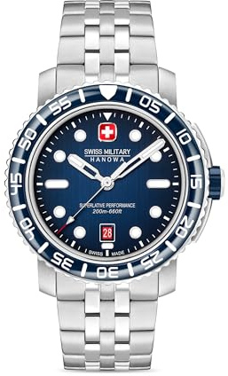 Swiss Military Hanowa män analog schweizisk kvartsurverk klocka med rostfritt stål armband SMWGH001703, Silverblå, En storlek, Armband