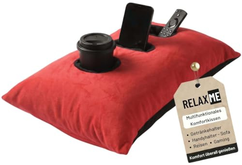 Nurtextil24 Relax ME Kissen Getränkehalter Sofakissen 40x60 cm RotSchwarz | Multifunktional Allzweckkissen -Tablett & Getränkebehälter- Tolles Geschenk Idee - Sofakissen, Kopfkissen, Reisekissen