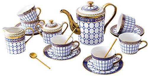 Porzellan-Teesets Serie Keramik-Teeservice mit 6 Kaffeetassen und Untertassen Teekanne Zuckerdose Sahnekännchen Kaffeelöffel für Tee Kaffee,Blau (Rosa) (Blau)