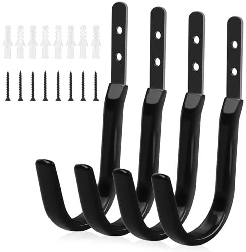4 Stück Schwerlast Wandhaken Zum Schrauben, Wandhaken Schwarz Schwerlasthaken Wand, Vinyl Beschichtet Wandhaken Garage, Leiterhaken, Garderobenhaken, Gerätehaken zum Aufhängen Werkzeuge, Schlauch