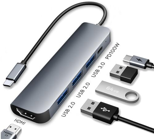 USB C Multiport Adapter, 5-in-1 Docking Station with 100W PD Charging, HDMI 4K Adaptor for Dual Monitor, 3 USB Data Ports, USB Dock for MacBook, iPhone 15 Pro Plus, iPad, PC, Laptop, Dell, HP