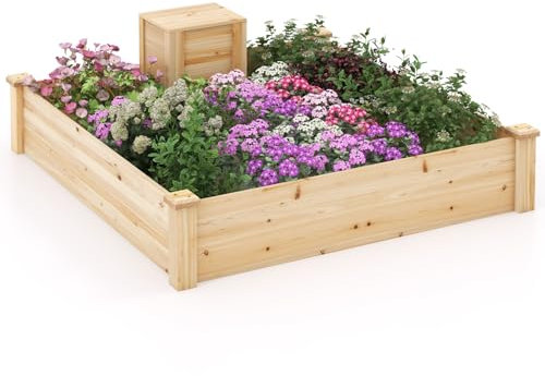 RELAX4LIFE Hochbeet, Gartenbeet mit 26L Kompostbehälter, Blumenbeet Holz, Gemüsebeet 300L Kapazität, Pflanzenbeet für Gemüse & Obst & Kräuter, 124x124x25,5 cm