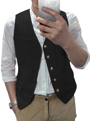 AeoTeokey Gilet estivo in lino, da uomo, per il tempo libero, per feste, vestibilità regolare, Nero , M