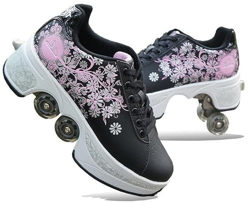 Roller Skate Shoes Rollschuhe Schuhe Mit Rollen Skateboardschuhe,Inline-Skate, verstellbar Damen Schuhe mit Rollen für mädchen,Laufen Skateboard,Inline Rollschuhe, Black Pink-42EU(Inseam:265mm)