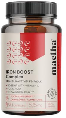El Iron Boost Complex Complemento Alimenticio de Hierro, 14 mg de Hierro, Vitaminas B12, B6, B2, Ácido Fólico, Rosa Mosqueta con Vitamina C, 60 Cápsulas, Vegano, Sin Gluten