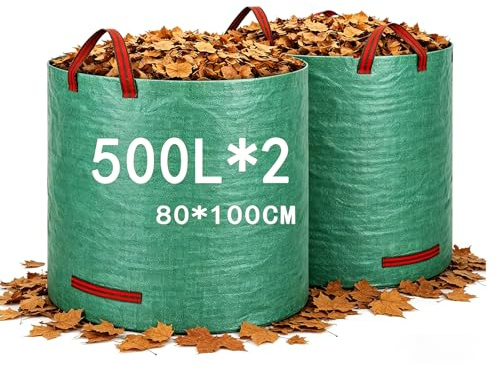 GJWLaie Garden Waste Bags 500L*2 Heavy Duty with Handles 2 Pack Reusable | Garden Sacks with Handles Collecting Garden Waste Plant waste grass and Leaves Foldable Camping Recycling Bags