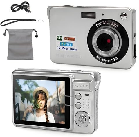 Appareil Photo Numérique 4K,1080P FHD 44MP avec écran LCD 2.7,Appareil Photo Compact Portable avec Dragonne et Sac pour Enfants Adolescents étudiants Débutants (Argent)