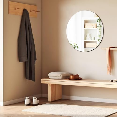 Sqinor Round Mirror 50cm Frameless Bathroom Mirror with Pre-Installed Hook | HD Shatterproof Glass, Drilled Mounting, Modern Circle Wall Mirror for Bathroom Sink Toilet Hallway Bedroom Living Room Decor
