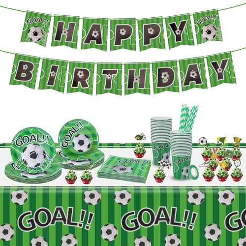 Football Party Decorations - 108 PCS Birthday Tableware Set With Tablecloth, Napkins, Banner, Plates, Cups, Straws, Cake Topper for Football Theme Supplies