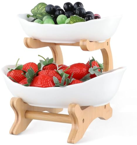 Chewtoyo Oval Ceramic Bowls with Bamboo Rack, 2-Tier Ceramic Fruit Bowl with Bamboo Stand, White, Decorative Fruit Tray for Party Wedding, Ceramic Serving Bowl