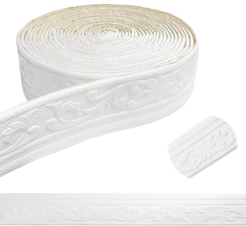 Chingcoo Bordüre Selbstklebend,10m x 8cm x 5 mm Weiß Tapetenbordüre Selbstklebend, Wasserdicht Bordüre 3D, Fliesen Roll Border Trims für Ecken Linien Decken Dekoration (Weiß)