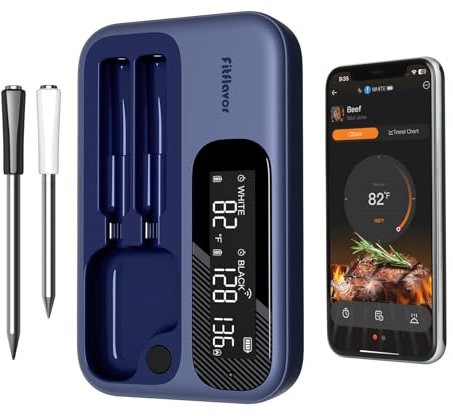 Wireless Meat Thermometer for Smoker, Fitflavor WiFi Meat Thermometer Bluetooth for Grill BBQ, Smart Digital Meat Probe for Food Cook Oven Grilling - Dual Probes, Rechargeable (FNT12-2)