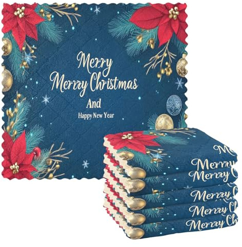 Mnsruu Microfibre Cleaning Cloths Christmas Bells Poinsettia Reusable Dish Cloths for Washing Up 6 Pack Swedish Dishcloth Microfibre Cleaning Towels Washable Duster Rags Cloth Home