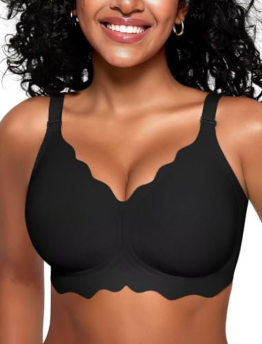 Vertvie Seamless Scalloped Bras for Women No Underwire Wireless Push Up Bra Soft Support Full Coverage Comfort Everyday Bra (Black,L)