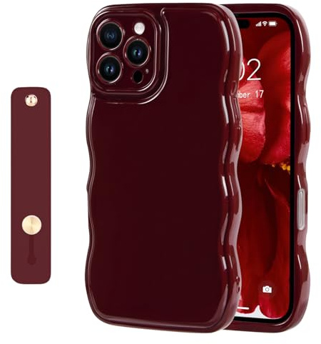 NITITOP Compatible with iPhone 16 Pro Case Cute Wave Frame-Wine Red | for Women Girls, Kickstand Wavy Curly Design, with Wrist Adjustable Hand Strap，Soft Protective Cover, Full Camera Protection