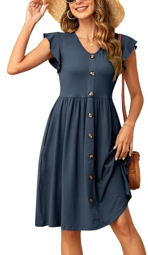 SENBATU Abiti Estivi da Donna Maniche Volant Abito da Spiaggia con Scollo a V Abito Midi a Pieghe con Tasche Tinta Unita Blu Navy Chiaro Small S 34-36