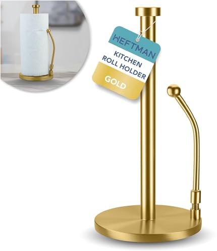HEFTMAN Porte-rouleau de papier essuie-tout doré avec bras de tension et base lestée antidérapante – Porte-rouleau de cuisine en acier inoxydable – Distributeur de papier essuie-tout sans rayures