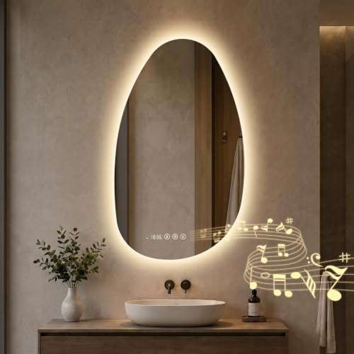 S'AFIELINA Badspiegel mit Beleuchtung 85x50 cm, Asymmetrisch | LED Badezimmerspiegel Bluetooth-Lautsprecher, Uhr, Hintergrundbeleuchtung, Anti-Beschlag, 3 Lichtfarben dimmbar, Touch,Memory