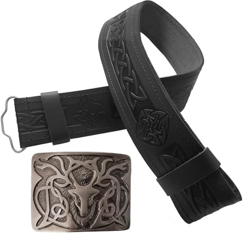 STITCHIFY Ceinture de kilt traditionnelle écossaise en cuir et boucle de cerf antique, Ensemble boucle celtique en relief noir avec cerf, XL