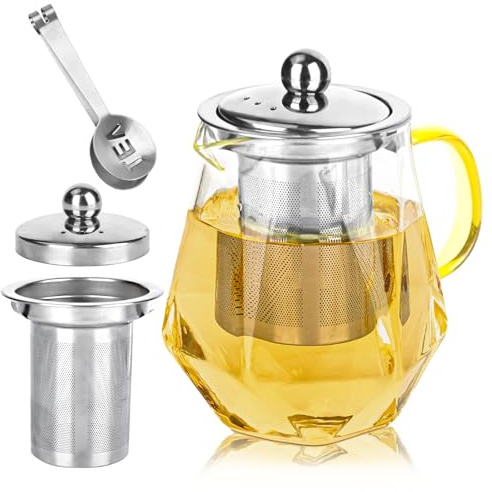 Théière en Verre avec Infuseur - 550ML Theiere en Verre Borosilicate Résistant à la Chaleur avec Filtre Infuseur et Pince à Thé en Acier Inoxydable pour Thé