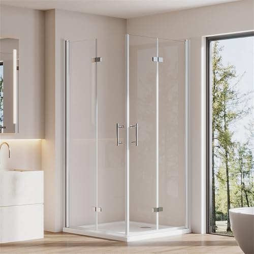 Cozynest Duschkabine Eckeinstieg 80x80x195cm Eckdusche mit Drehfalttür | Doppelte Faltbare Duschtür Dusche mit 6mm ESG Nano beschichtung Sicherheitsglas Hebe-Senk-Mechanismus Platzsparende