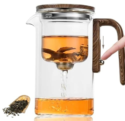 Enchantipot Magic Teapot, Glass Tea Infuser with Wood Handle, Push Control Water Separation Magnetic Tea Pot with Strainer for Loose Leaf & Herbal Teas, Tea at The Touch of A Button (600 ML)