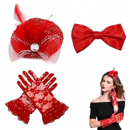 Eowppue Fasching Set für Damen, Mini Charm Hut, Netz Handschuhe & Schleifenfliege in Rot, Perfekt für Kostümpartys, Karneval, Hochzeiten, Vintage Events