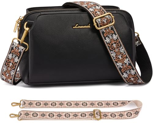 LOVEVOOK Umhängetasche Damen, Kleine Crossbody Bag, Handtasche Mittelgroß, Schultertasche mit 2 Breitem Schultergurt, Handbags for Women mit RFID-Blocker Kartentaschen für Büro Uni, Schwarz