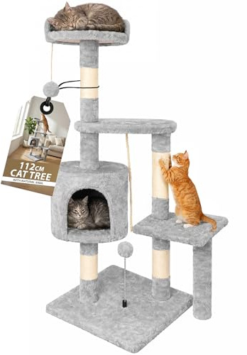 Rex & Roxy Cat Tree 112cm | Cat Scratching Post for Indoor Cats | Multi-Level Stable Cats Tower with Sisal Scratching Posts, Plush Toy Balls, Cave, Sisal Rope for Kitten Climbing, Playing | Grey