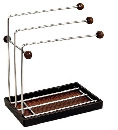 FACAIIO Support de rangement de cuisine pour tasses à café et tasses avec porte-serviettes, organiseur sur pied en acier inoxydable et bois pour verres à vin et accessoires