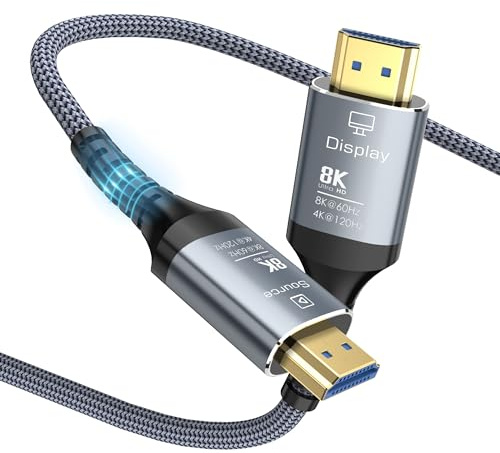 Anehmeta Câble HDMI 2.1 en fibre optique 6 m 8 K, 48 Gbps Ultra Haute Vitesse Long Câble HDMI 2.1 tressé 8K @ 60Hz 4K @ 120Hz HDR10/HDCP2.2&2.3/eARC/3D Compatible avec PS5, Xbox, HDTV, ordinateur