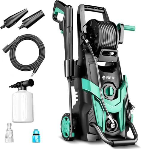 Hidrolimpiadora de Alta Presión Máx. 180 Bar, Caudal Máx. 420 l/h, Boquilla 6-in-1, 50 m²/h, con Lanza, Manguera y Depósito de Espuma 500 ml, para Coche, Jardín y Hogar