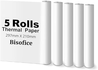 Bisofice 5 Rotoli Carta Termica A4, Compatibile con tutte le Stampante Termica Portatile, Senza BPA, per Foto Ricevute Memo File, Circa 22 fogli/rotolo
