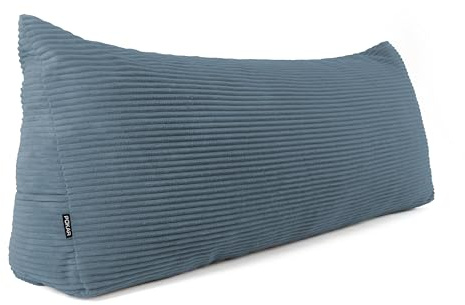 POKAR Rückenkissen | Cord Keilkissen 200x50x20 cm | Lesekissen für Bett und Sofa | Sofakissen für Rückenlehne | Groß Wandkissen Couchkissen mit Seitentaschen | Oeko Tex 100 Zertifiziert | Blau