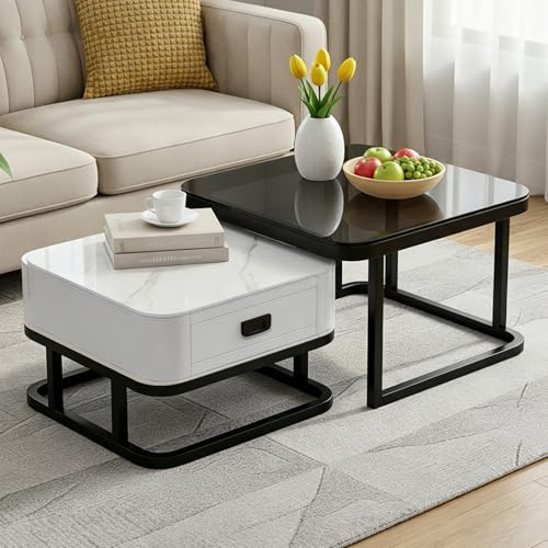 Generisch Couchtisch Quadratisch mit Schublade, Satztische Wohnzimmertisch, Sofatisch Kaffeetische mit Tischplatte aus Glas und Sinterkeramik, Metallgestell