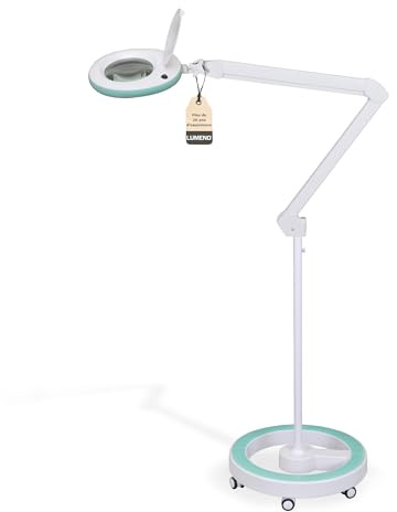 Lumeno Lupenleuchte LED 7213GN Lupenlampe mit 127 mm Echtglaslinse, Arbeitsplatzlampe, Kosmetiklampe, geeignet für Kosmetik, Bastler, Lesehilfe Vergrößerungslampe, 3 Dioptrien Grün mit Rollstativ