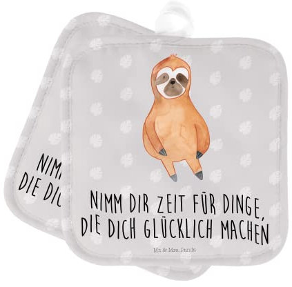Mr. & Mrs. Panda 2er Set Topflappen Faultier Zufrieden - Geschenk, Topflappen 2er Set, relaxen, Faultier Geschenk, Glück, Ruhe, Ofenhandschuh,