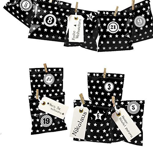 Frau WUNDERVoll® DIY ADVENTSKALENDER BESCHERUNG zum Befüllen, schwarz Stern, Ziffern grau, Papiertueten flach 13x16,5cm / Weihnachten, Papiertüten, Kinder, Zahlen, Geschenkbeutel, Aufkleber