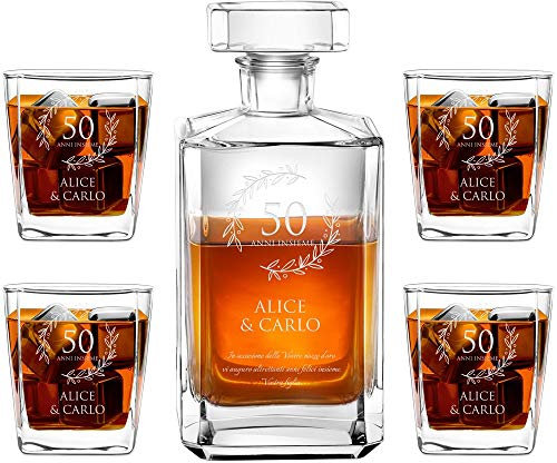 Maverton Decanter per Whisky in vetro - incisione personalizzata - Caraffa in vetro da 700 ml + 4/6 Set bicchieri whisky - idea regalo per la coppia - corona