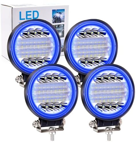 4PCS 96W Foco Led Tractor con Azul Angel Eyes,Faros Trabajo LED 12V 24V Focos de Coche LED Potentes Faros Adicionales Coche Luz de Niebla luz Auxiliar Moto 7200LM para Offroad Tractor Camión Barco